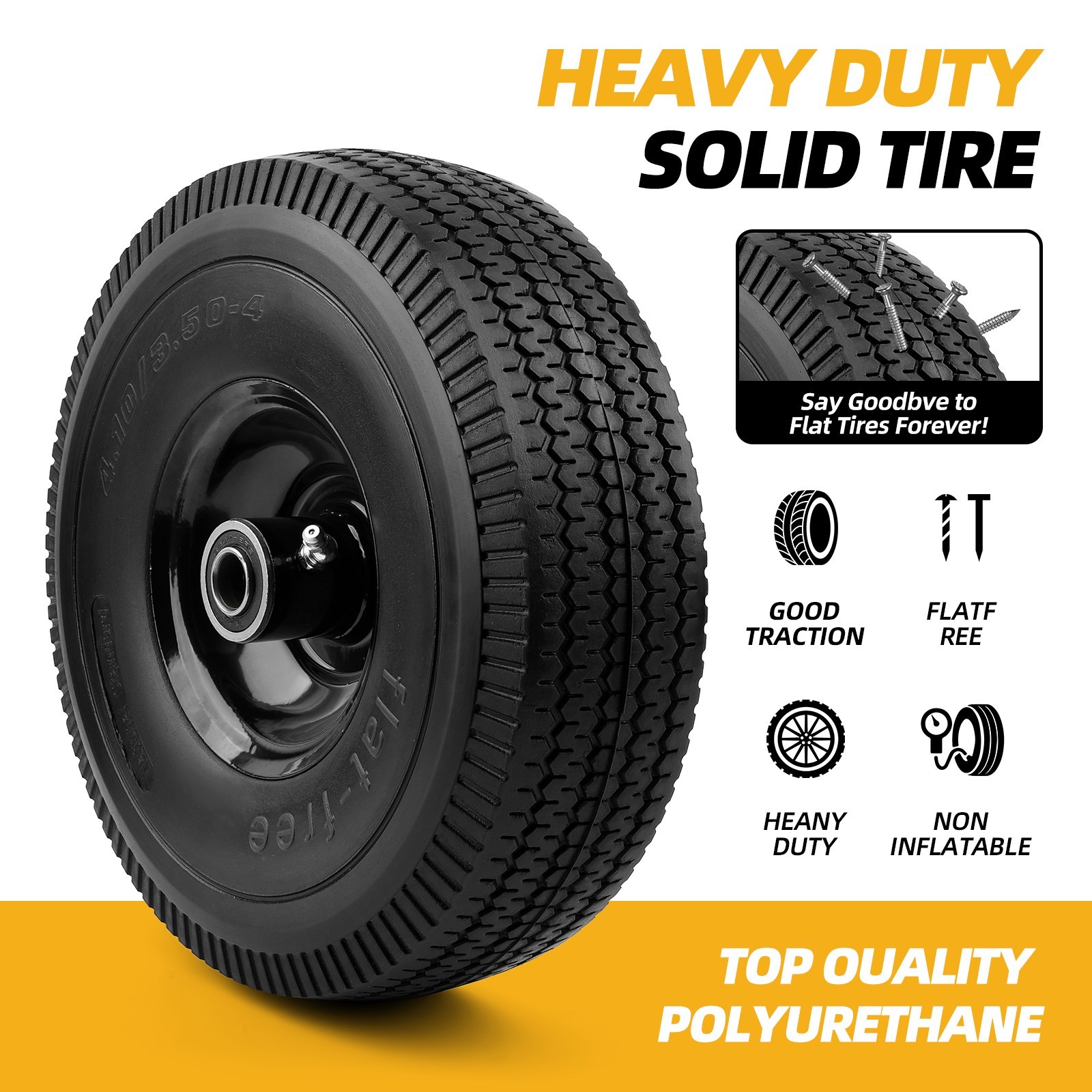 2 Pack 10" Flat Free Tires 4.10/3.50-4 w/ 5/8" Bearings - 10 Year Warranty