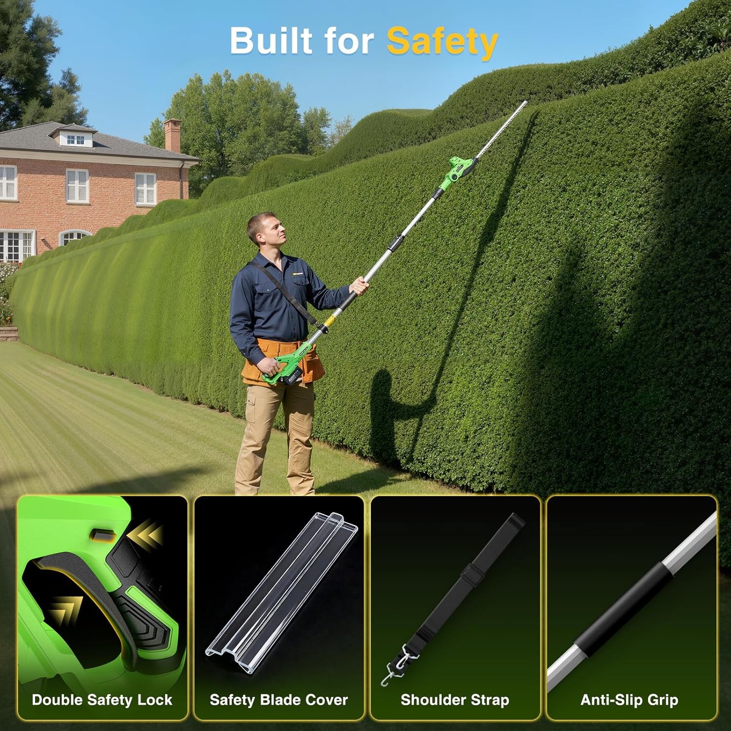 Taskstar Cordless Pole Hedge Trimmer 20" 8FT Pole 2x4000mah Dual-Action Blade