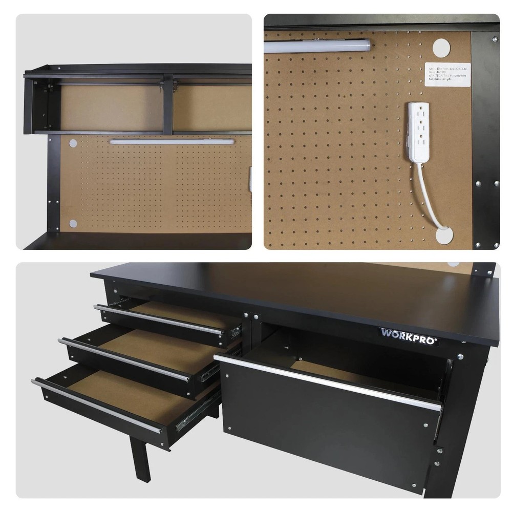 WORKPRO 2-In-1 Steel Garage Combo Workbench Workshop Tool Storage Cabinet Light