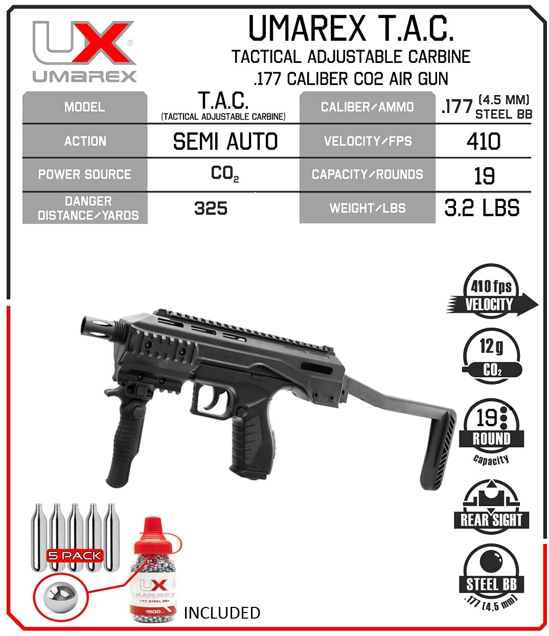 Umarex TAC .177 Cal Air Pistol Carbine w/ BB Jug & CO2 Bundle (2244824)