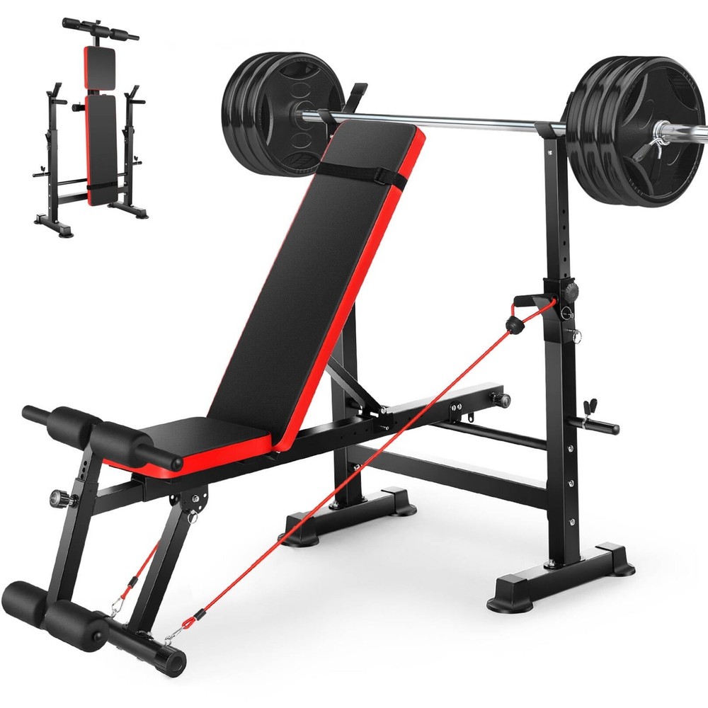 Adjustable Weight Bench with Squat Barbell Rack Removable Foot Bracket Exercise