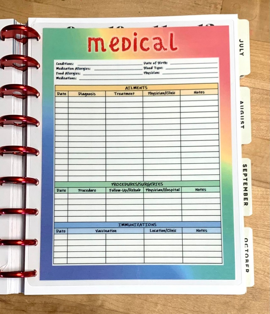 Medical History Tracker Dashboard Insert for use with Classic Happy Planner~
