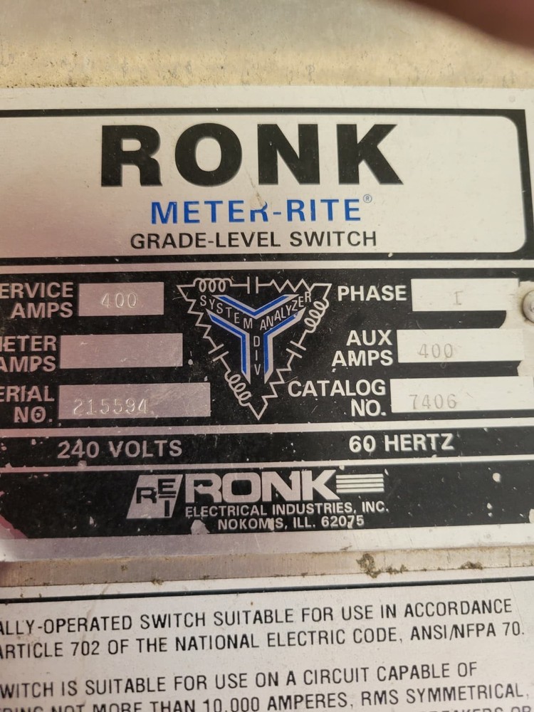 Ronk METER-RITE 7406 Double Throw Transfer Switch Grade Level Generator