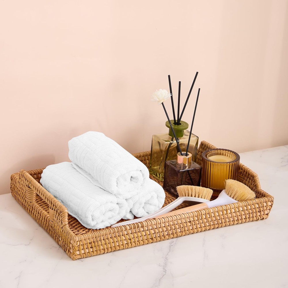 Rattan Rectangular Serving Tray with Handles, Hand-Woven Wicker Decorative Tr...