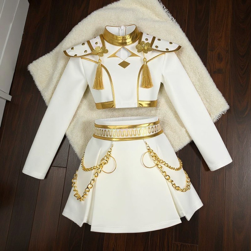 Girls K Pop Rumi Inspired Costume Set, White Gold, 3 Piece Kids Birthday Party H