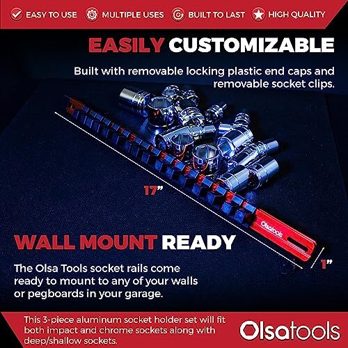 Olsa Tools 3 Pc Set Aluminum Socket Organizer with Assorted Sizes , Colors