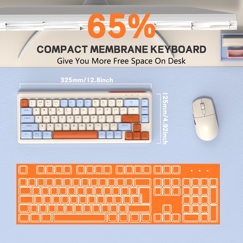 65% Wireless Membrane Gaming Keyboard Rainbow LED Backlit Silent for Win/Mac