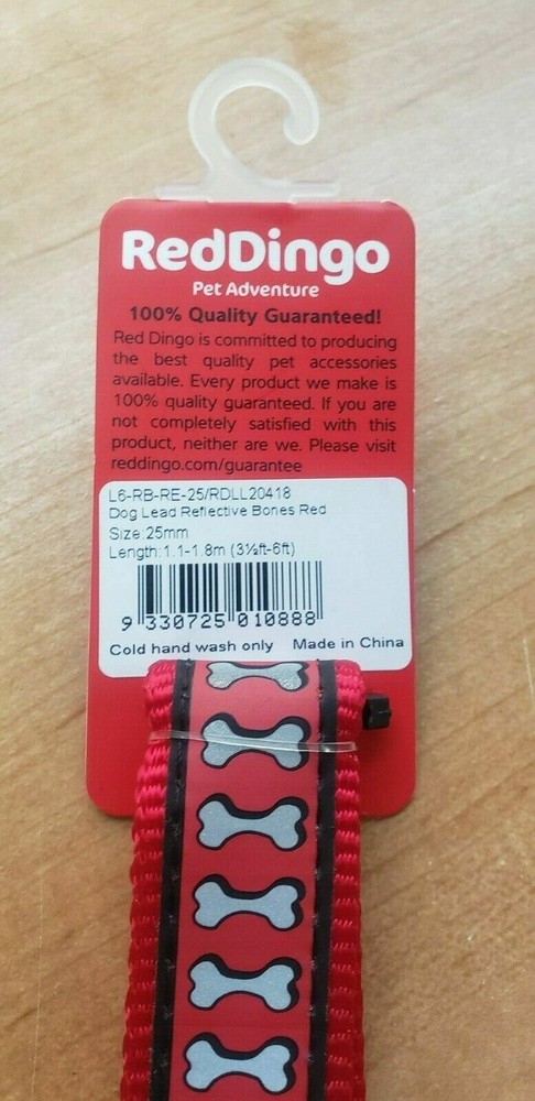 RED DINGO REFLECTIVE BONES PATTERNED LEAD LARGE, RED *NEW