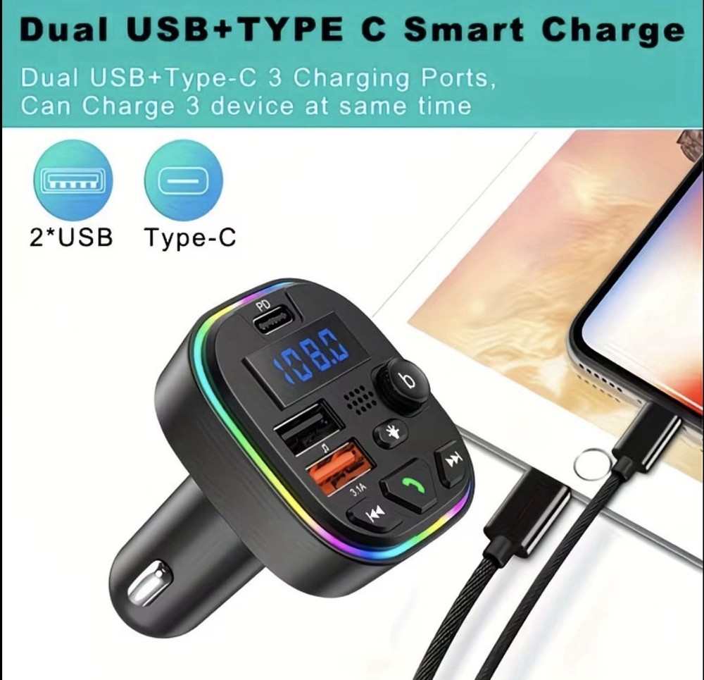 Bluetooth FM Transmitter Car Charger PD USB C QC3.0 Adapter LED Display