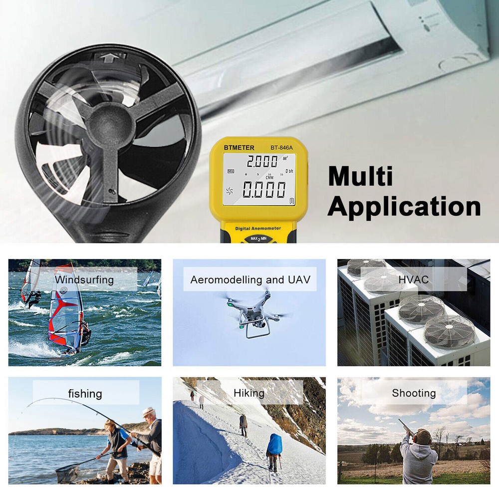 Handheld Anemometer HVAC Air Flow CFM Meter Wind Speed Flow Velocity Temp Meter