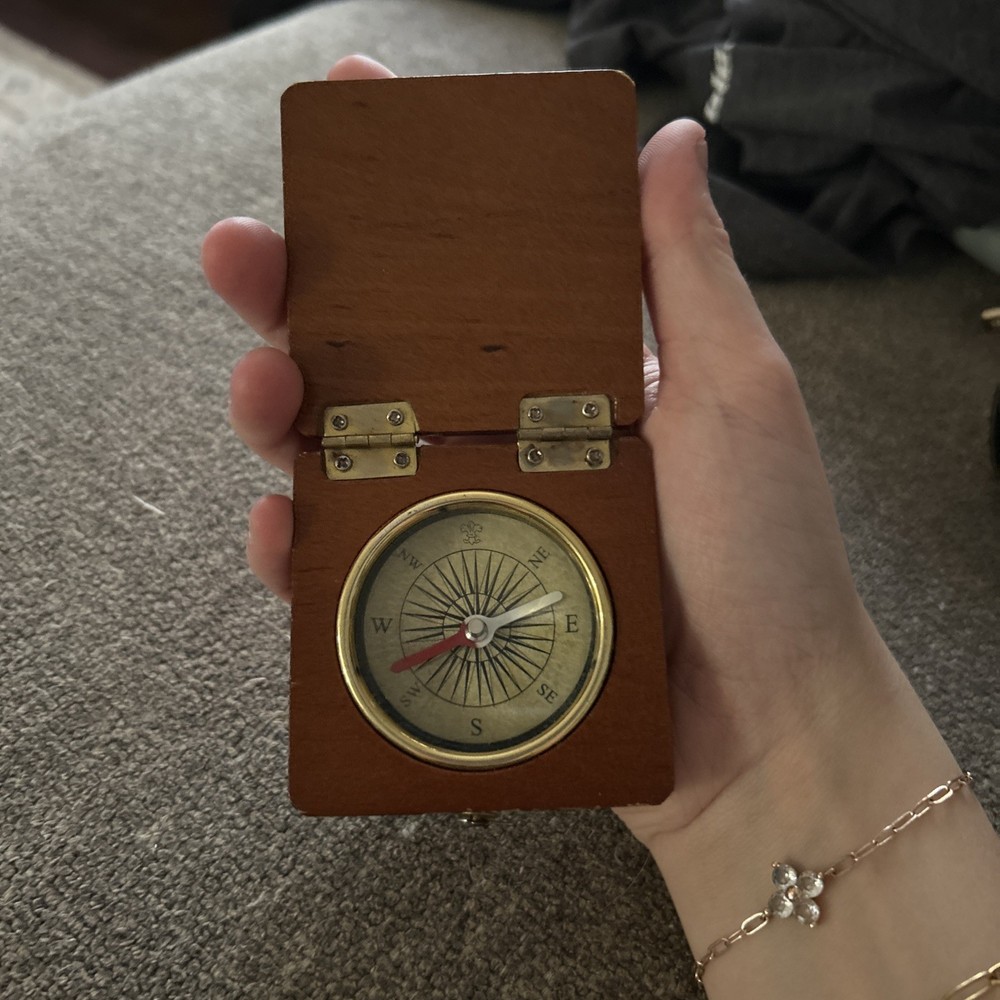 Maritime Navigation Compass Wood Box With Hinged Lid