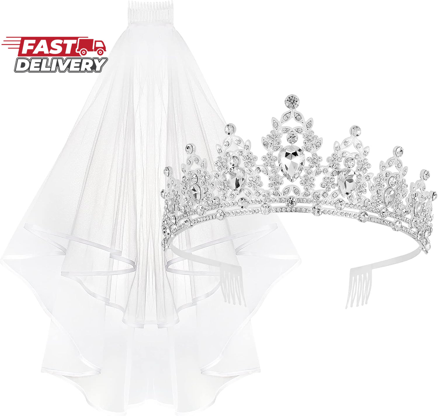 Casoty Bridal Tiara with Veil, Bridal Veils and Headpieces, Wedding Bridal Veil