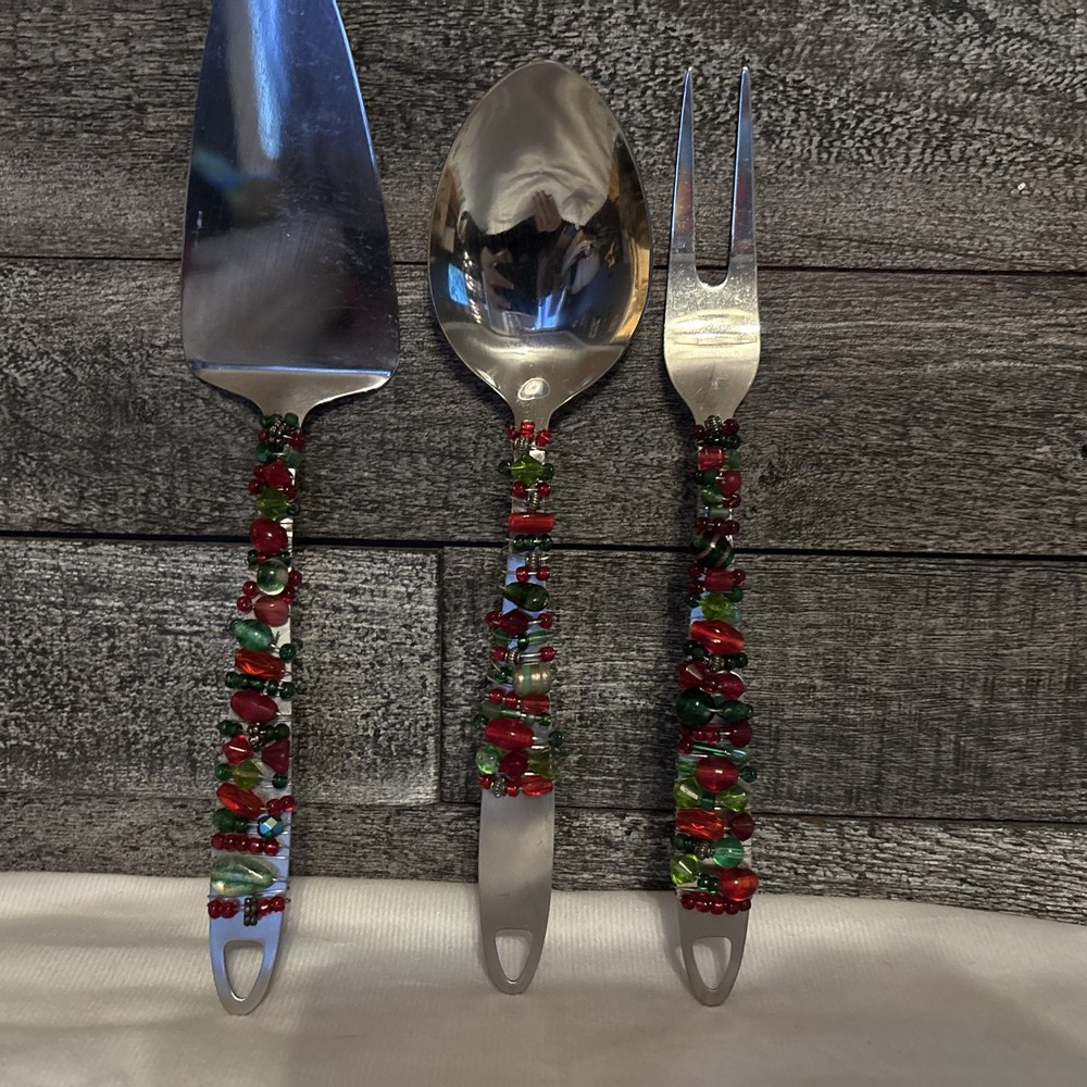 beaded cake knife, serving spoon and fork