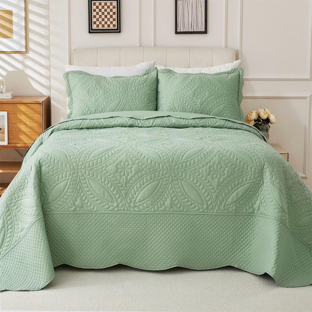 Cmfshape Oversized King Quilt Set Bedspread Super 128, Style3 Sage Green