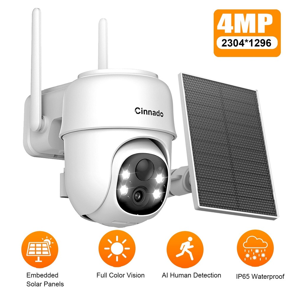 Cinnado 2K 4MP Solar Powered Security Camera Wireless Outdoor AI Detection IP65