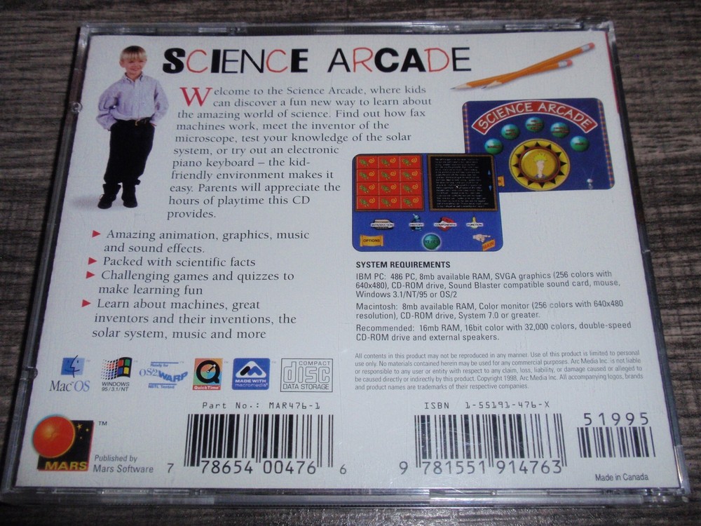 Science Arcade Ages 6-12 PC/Mac CD-ROM OS/2 Windows 95/NT/3.1 Mars Software 1999