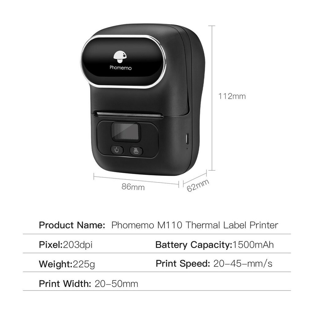 Phomemo M110 Pocket Thermal Printer Mobile Bluetooth Label Maker + 3 Rolls Paper