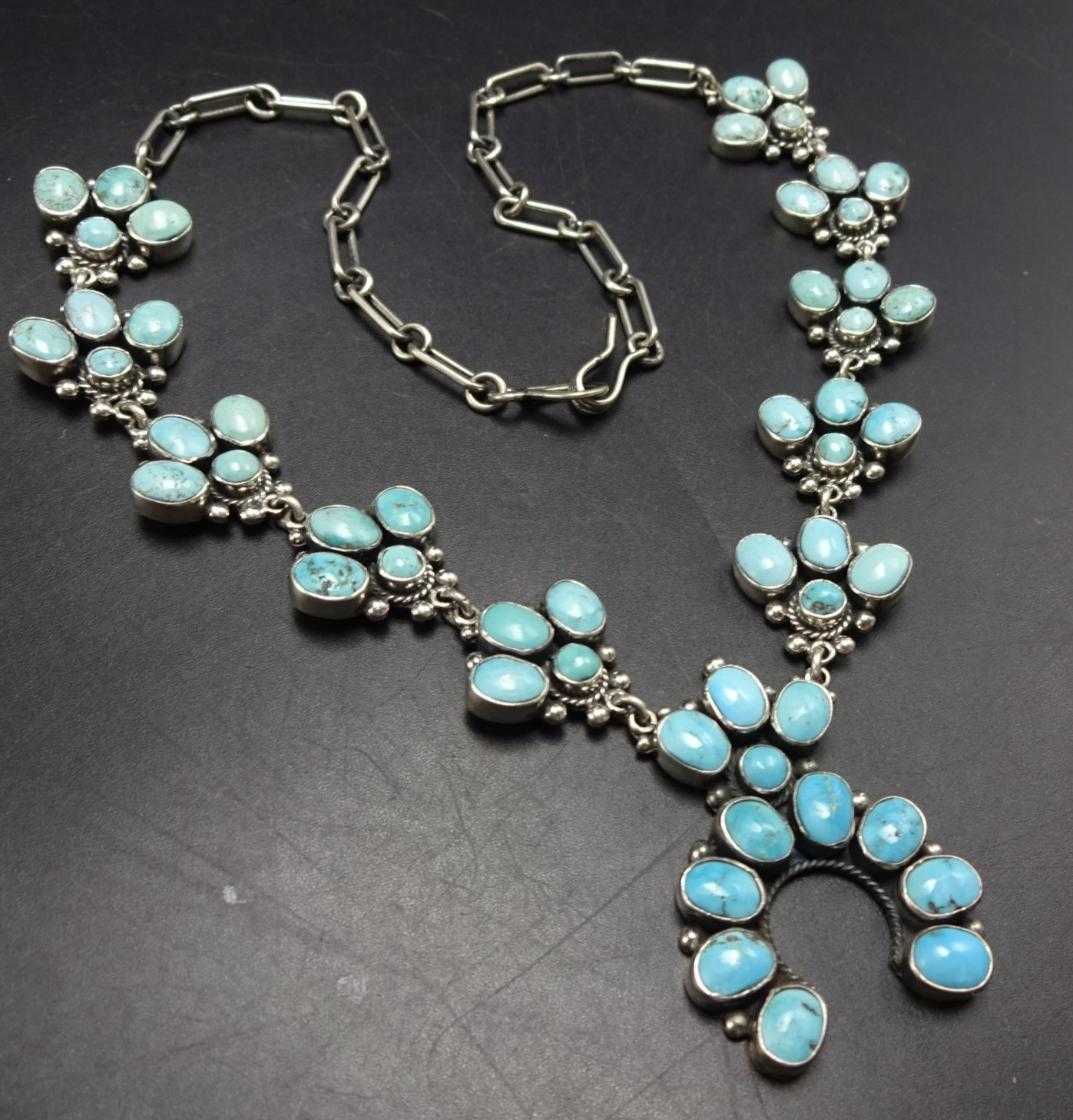 Diminutive FEDERICO JIMENEZ Sterling Silver TURQUOISE CLUSTER Squash Necklace
