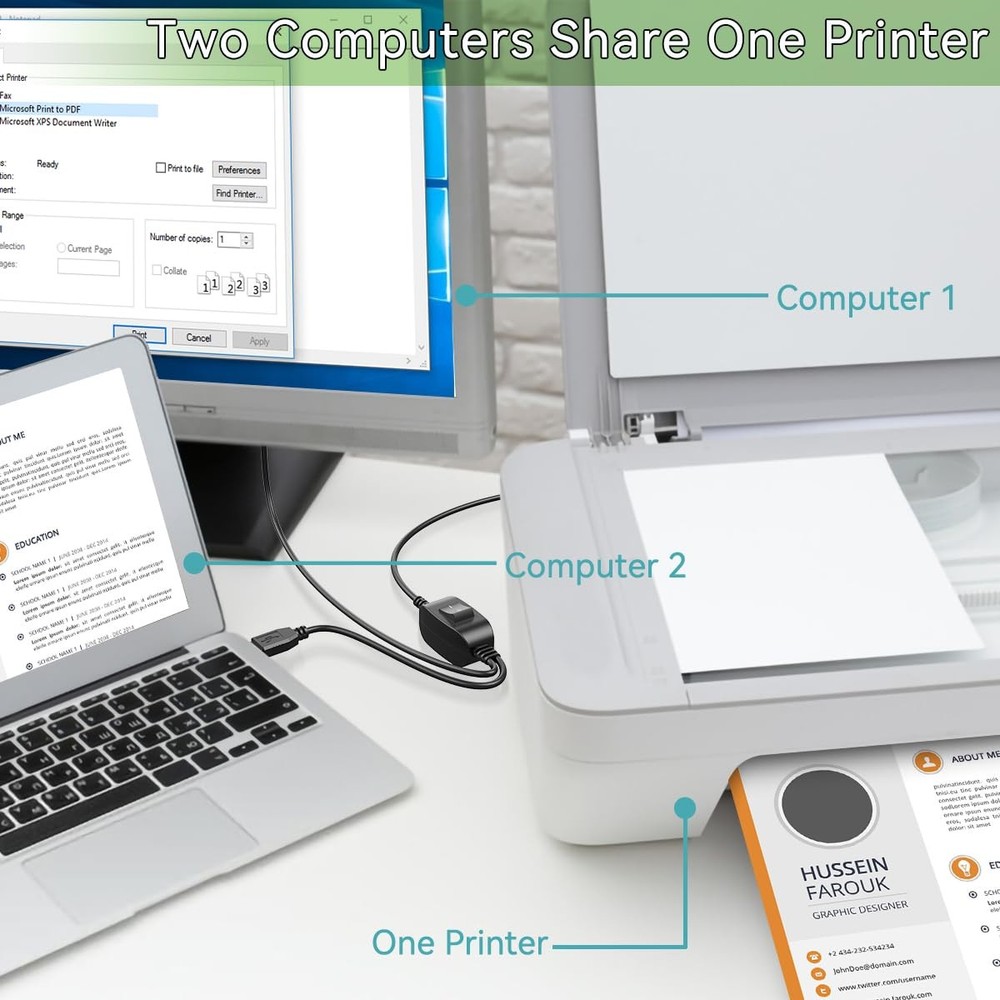 Herfair Printer Cable Splitter for Two Computers Share One inkless 2, Black