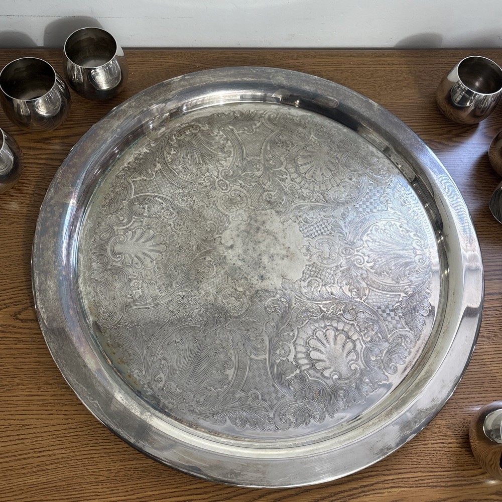 VTG Oneida Silver Plated Punch Bowl Set Punch Bowl Ornate Tray 12 Cups & Ladle