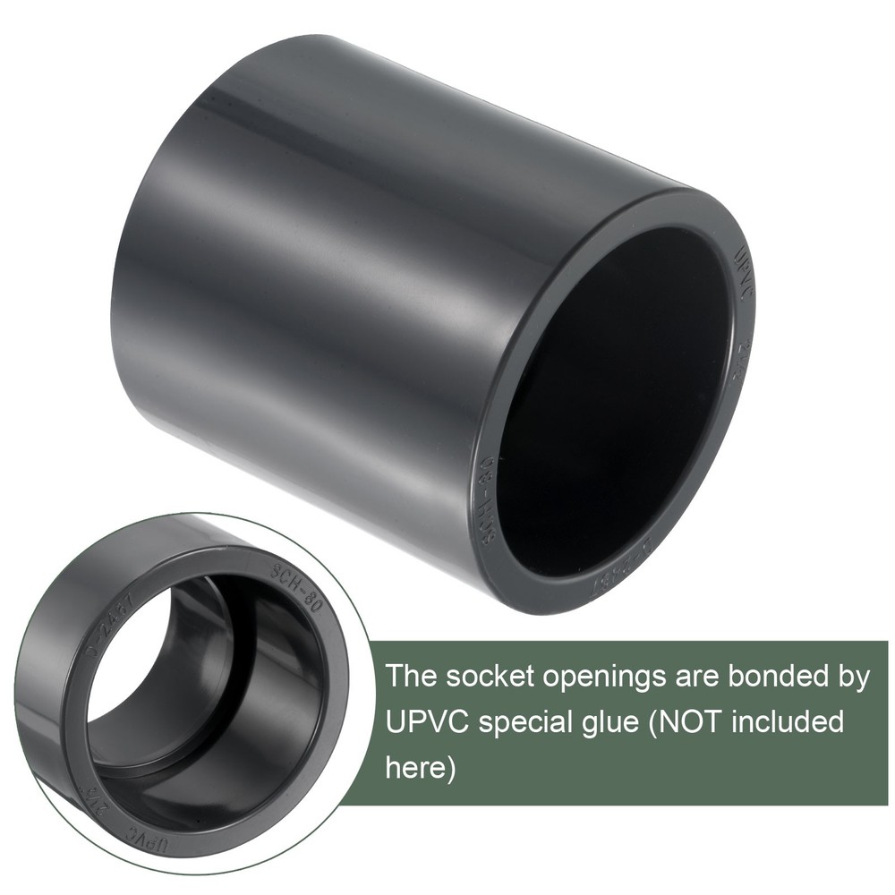 2 Pcs UPVC Fitting, Straight Adapter Connector Socket Schedule 80 (Gray, 2-1/2")