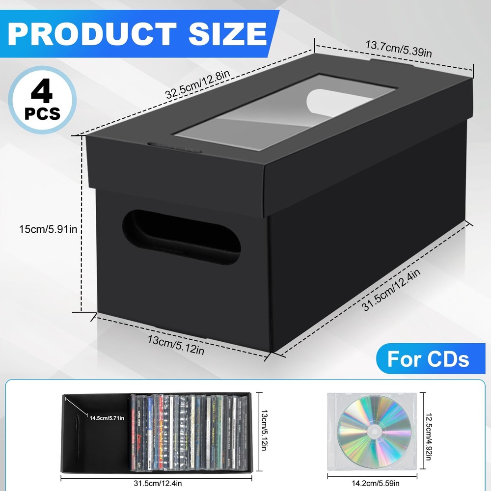 CD Storage Boxes4 Pack CD Case StorageCardboard CD Case Holder with LidHolds ...