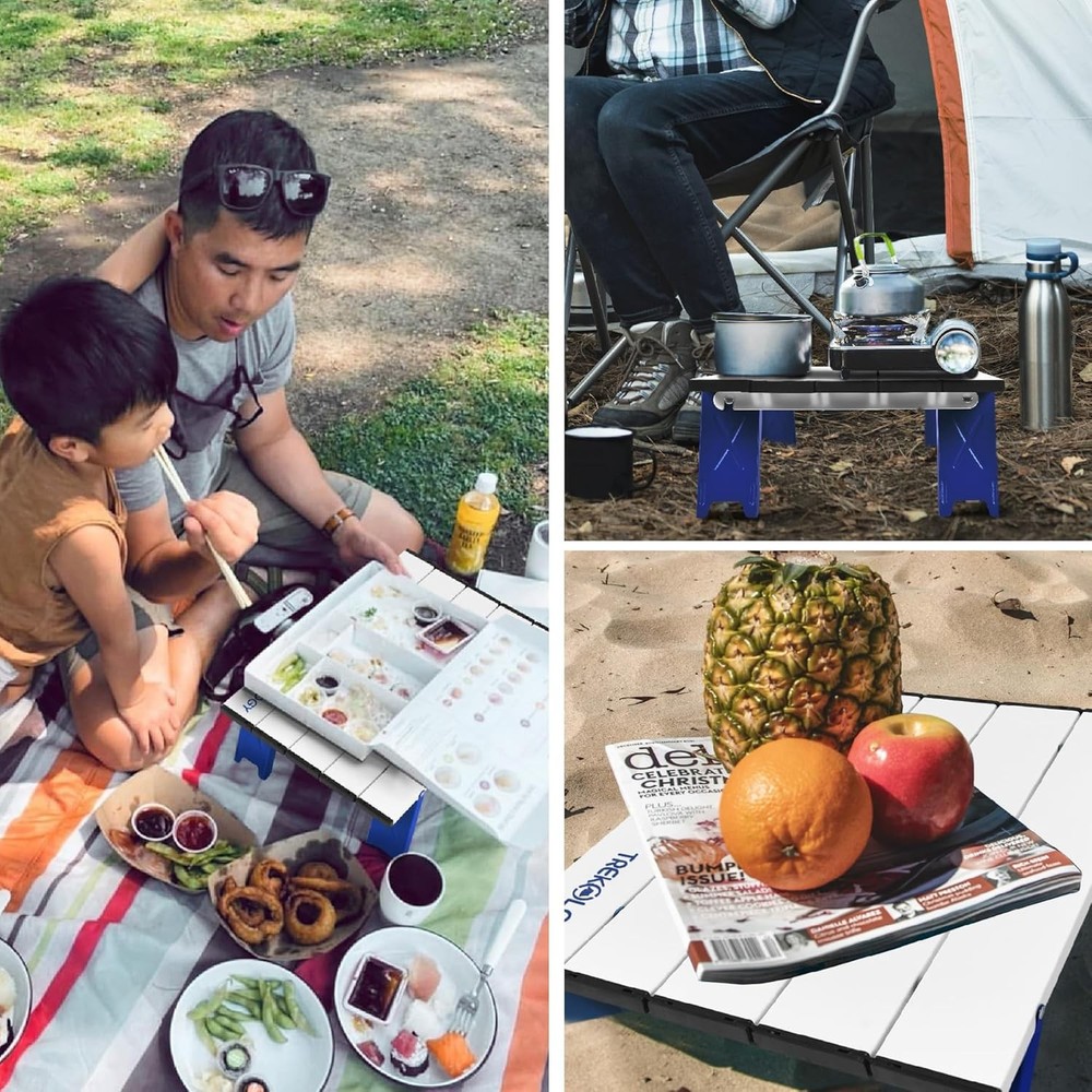 TREKOLOGY Portable Beach Table, Mini Folding Table for White, Blue