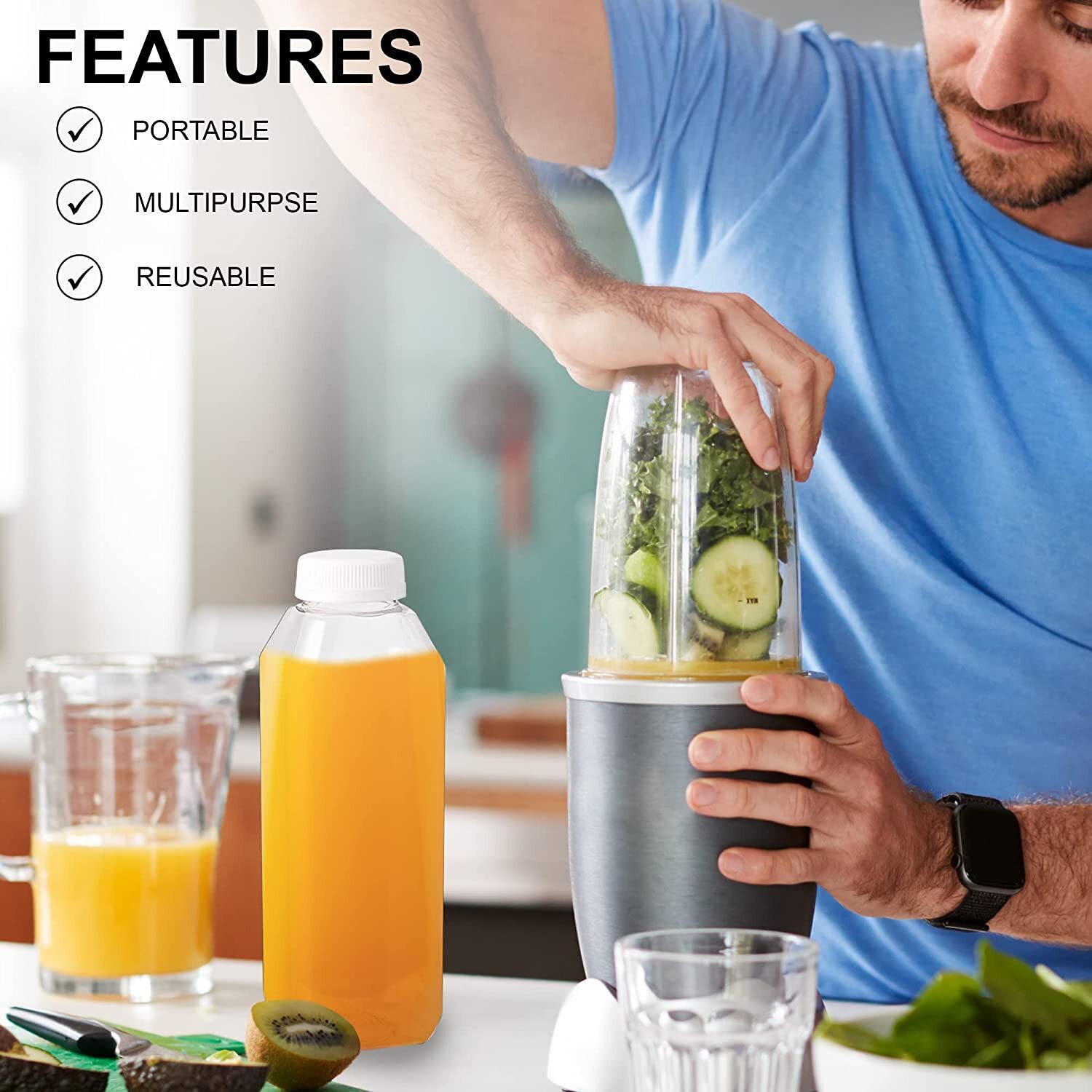 MT Products Empty Clear PET Plastic Juice Bottles with Caps 16 oz - Pack of 12