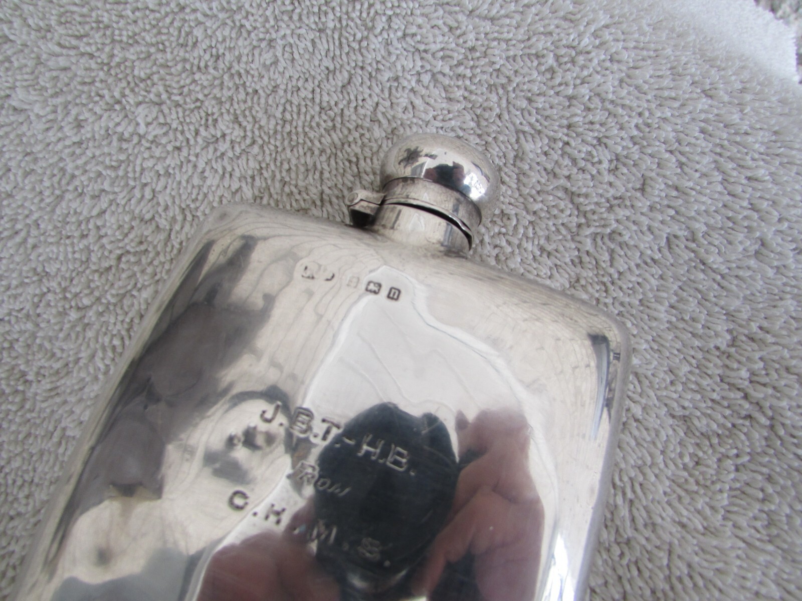 Vintage Sterling Silver 4x3 inch Hip Flask Engraved / has a Hallmark marking