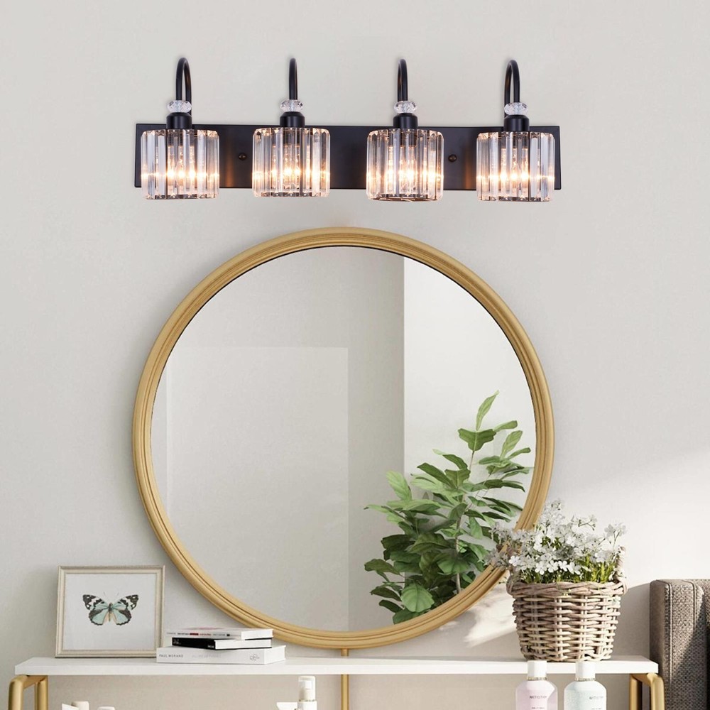 31.5" 4-Light Black Crystal Vanity Light, E26 Base, Iron Frame, , No Bulbs