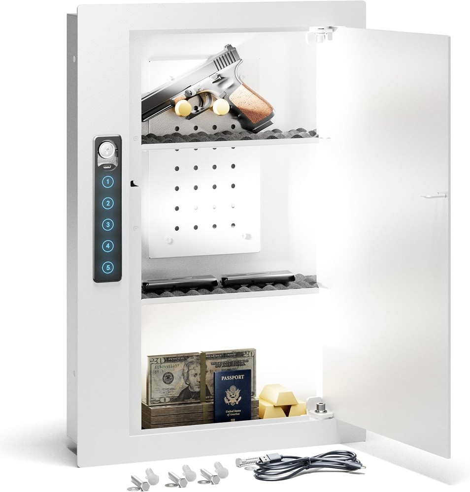 Grimtron Quick Access White Wall Safe with Removable Pegboard & Shelfs, Flat Hid