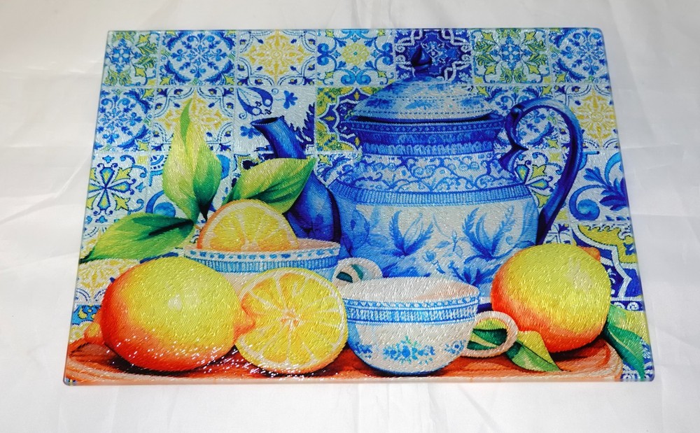 Mediterranean Lemon Tea Pot Glass Cutting Board - Unique Kitchen Decor Gift
