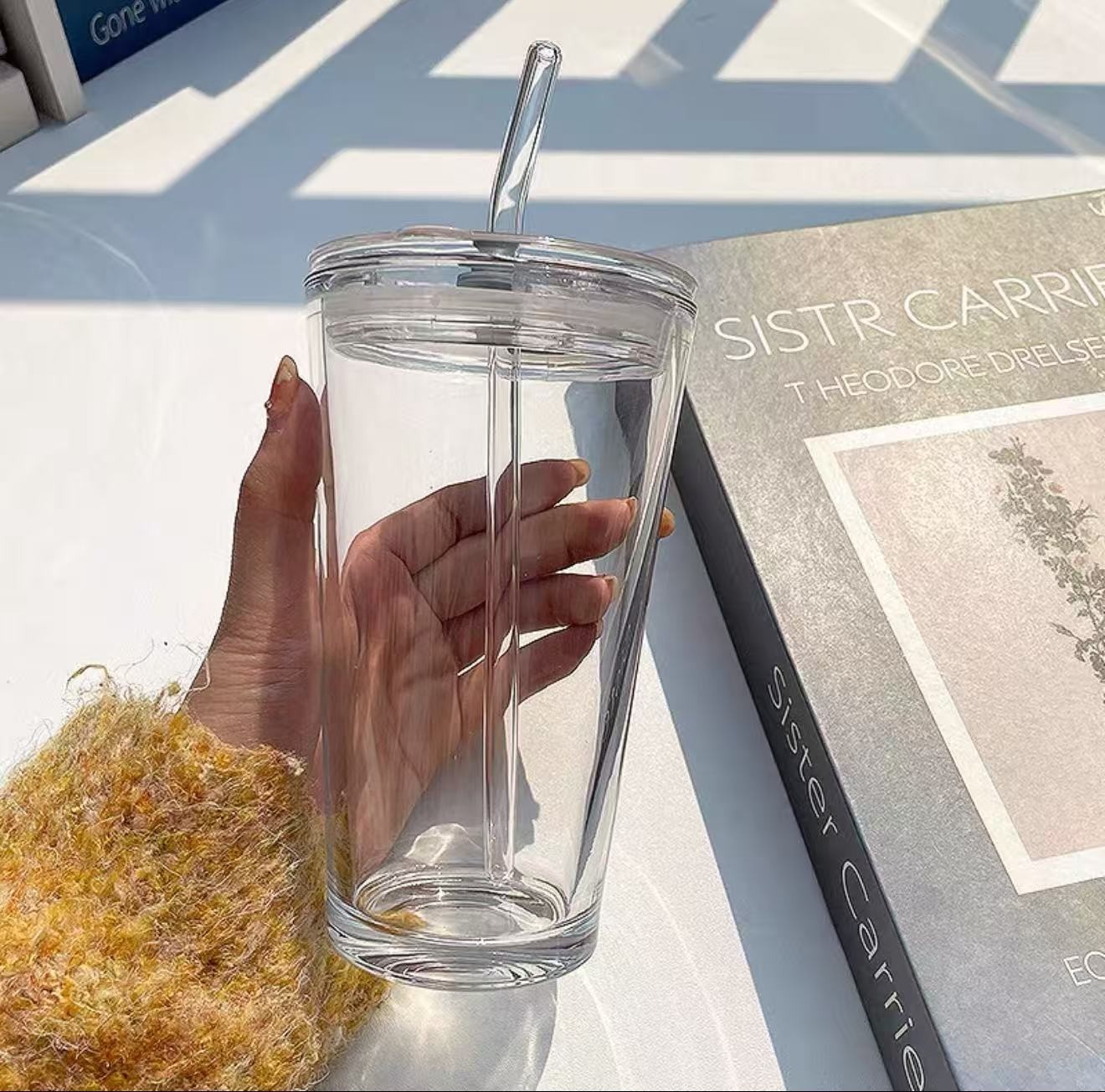 16 OZ Glass Coffee Cup with Straw - Reusable,  Perfect for Home, Office