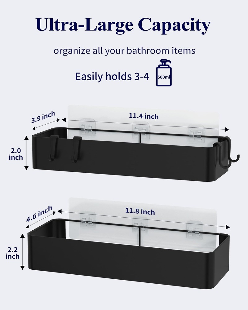 Kitsure Shower Caddy - 2 Pack Adhesive Organizer, Large, Black