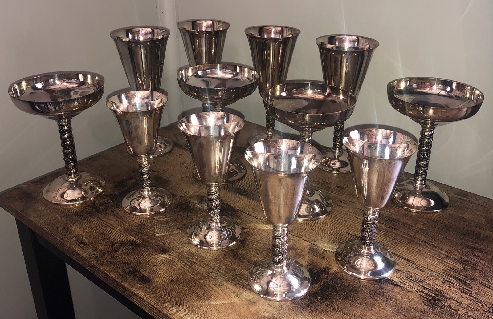 (12) Vintage Alfonso Lara Silverplate Wine Cups Goblets Spain Vine Twisted Stem