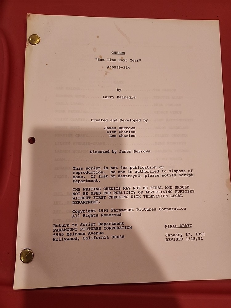 Paramount TV Show Cheers Script "Sam Time Next Year"