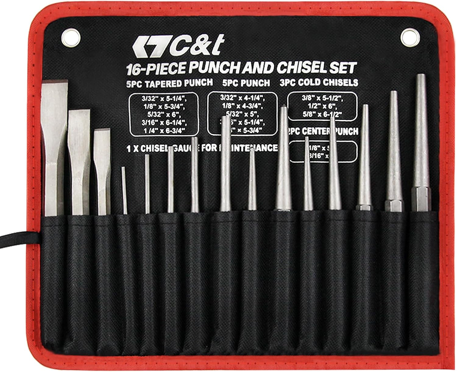 16-Piece Punch And Chisel Set With Storage Pouch Including Taper Cold