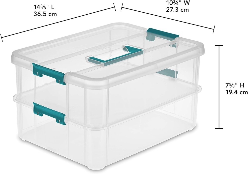 1427CLR Stack & Carry - 2 Layer Box, Clear Lid & Blue Handle, See-through layers