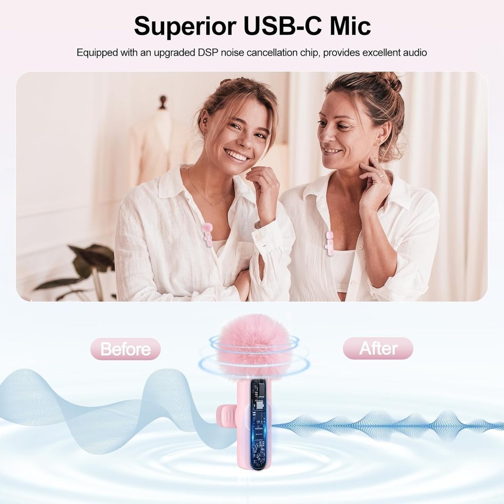 Professional Wireless Lavalier Microphone: Omnidirectional, 65ft Range, Pink