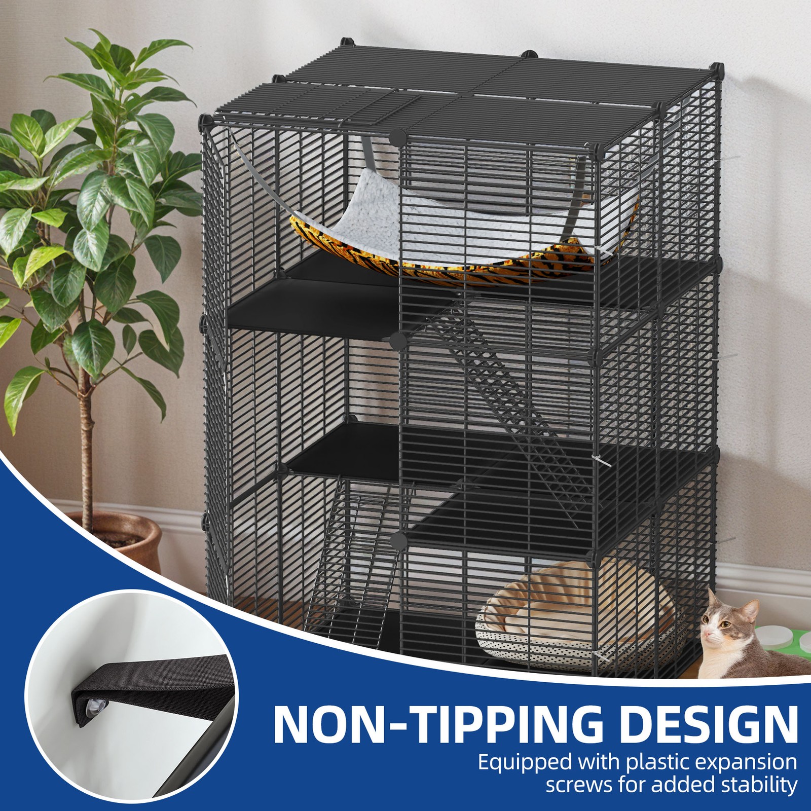 Cat Cage Indoor Cat Enclosures DIY Playpen Ferret Rabbit Metal Kennel w/ Hammock