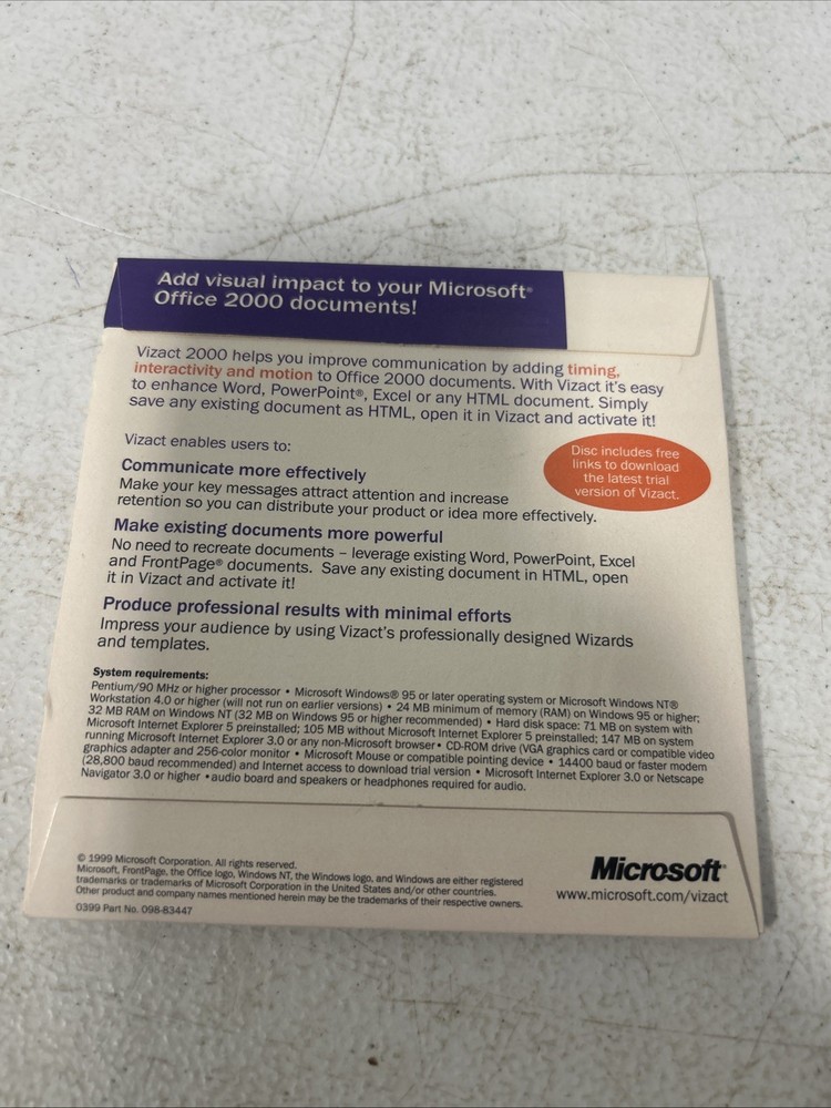 Microsoft Vizact 2000 "Preview Version" C. 1999 for Windows 95, NT 4.0 and 2000