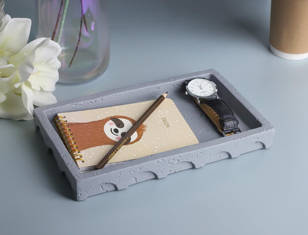 Decorative Tray Semi-Circular Edge Rectangular Concrete Gray 9.8x5.8x1.2