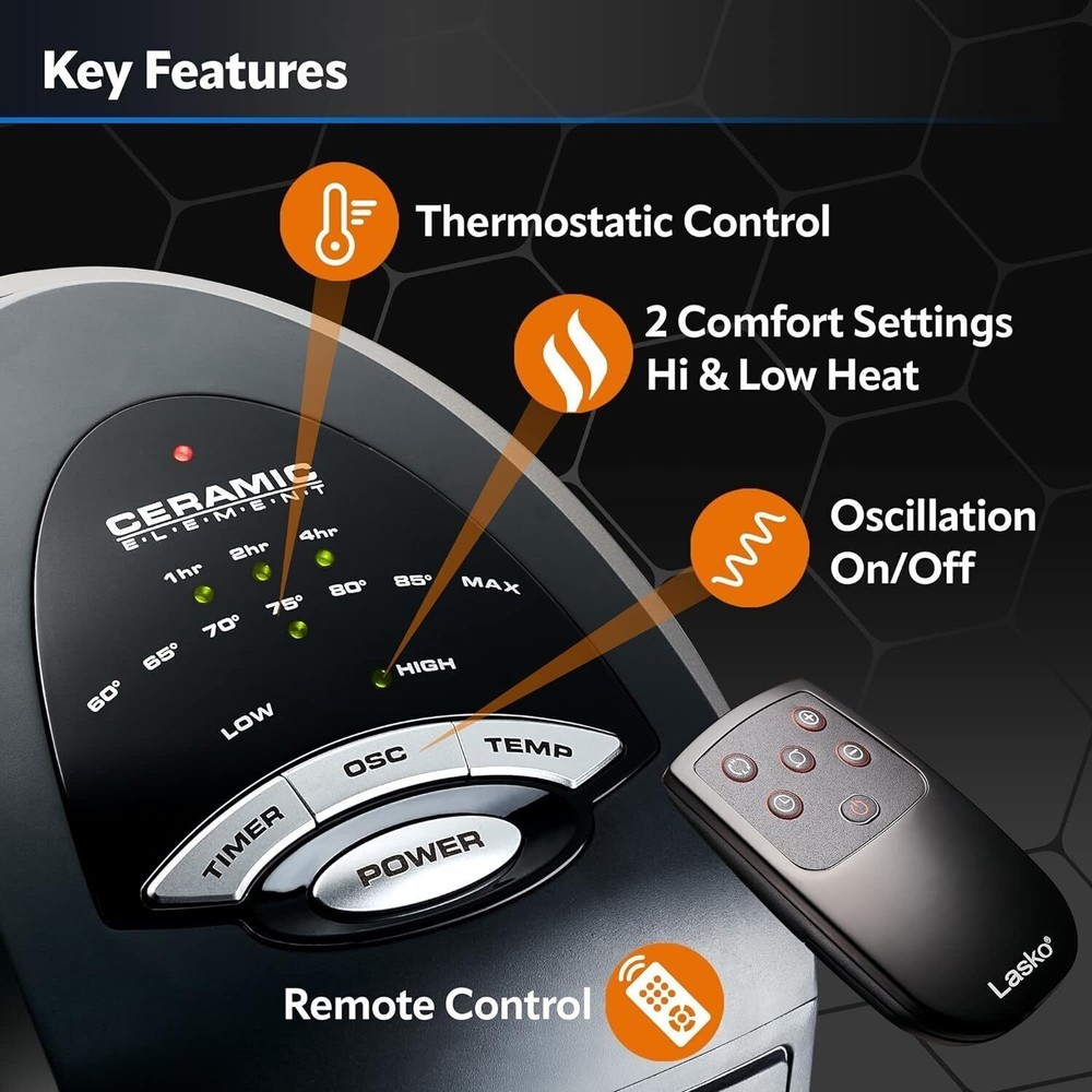 US Oscillating Ceramic Tower Space Heater Adjustable Thermostat Remote Control