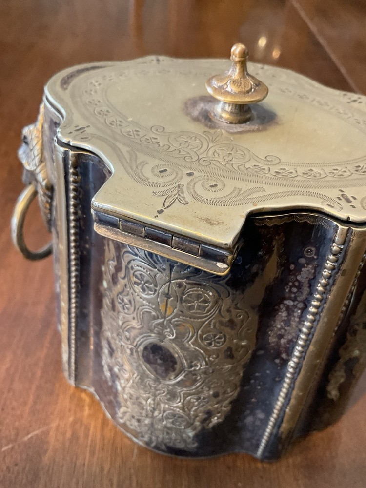 Antique Victorian Silverplate Silver Biscuit Tin / Tea Caddy Rams Head Etched