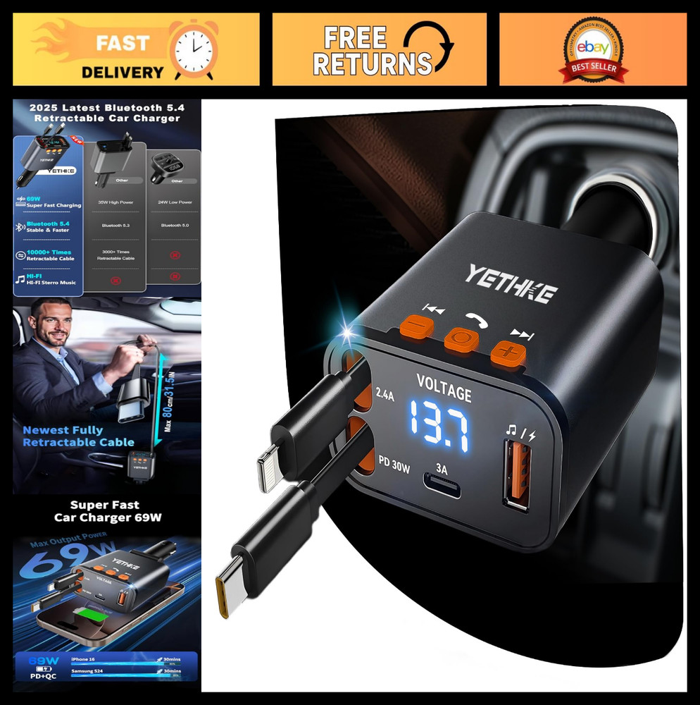 Bluetooth Car Adapter FM Transmitter, 4-in-1 Fast Charger 69W, Handsfree Call, R