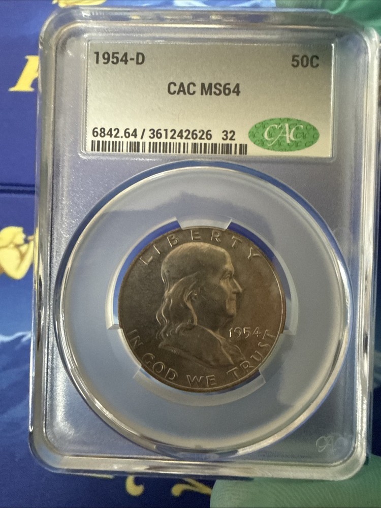 Toned 1954-D CAC MS64 Silver Benjamin Half Dollar