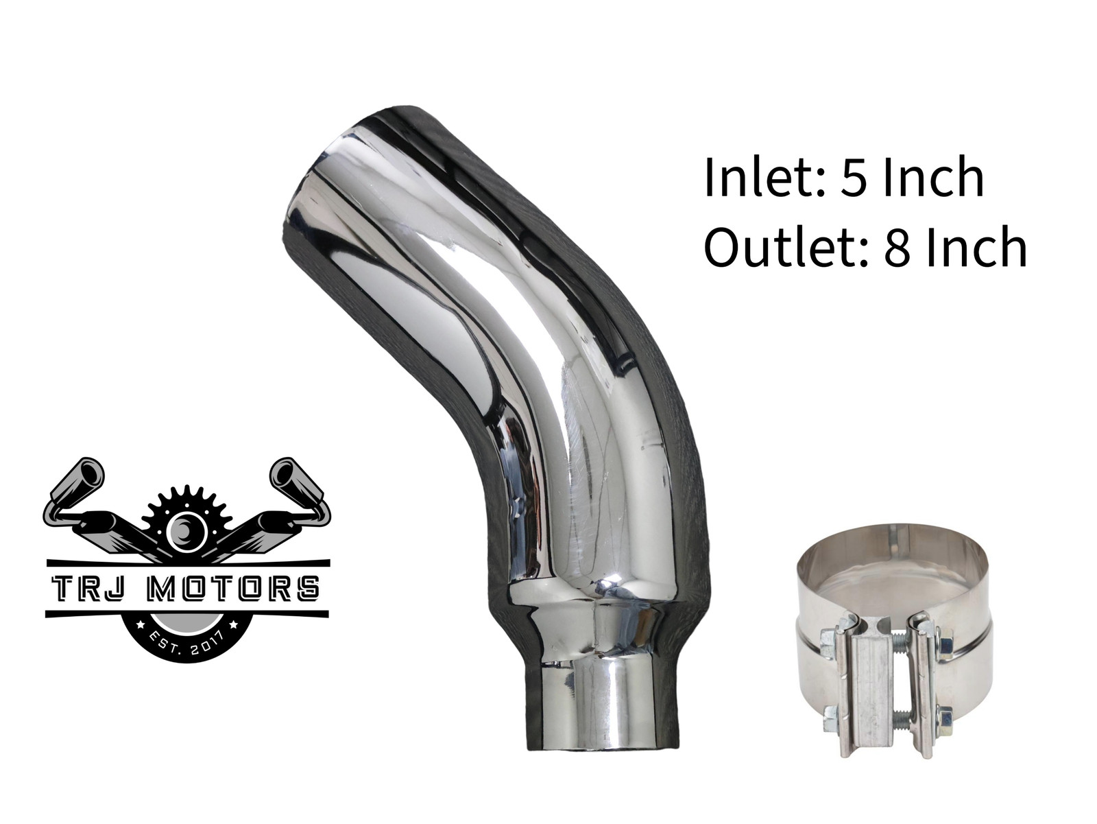 5" In 8" Out Diesel Exhaust Chrome Turndown Elbow Tip 23" Long with SS Clamp