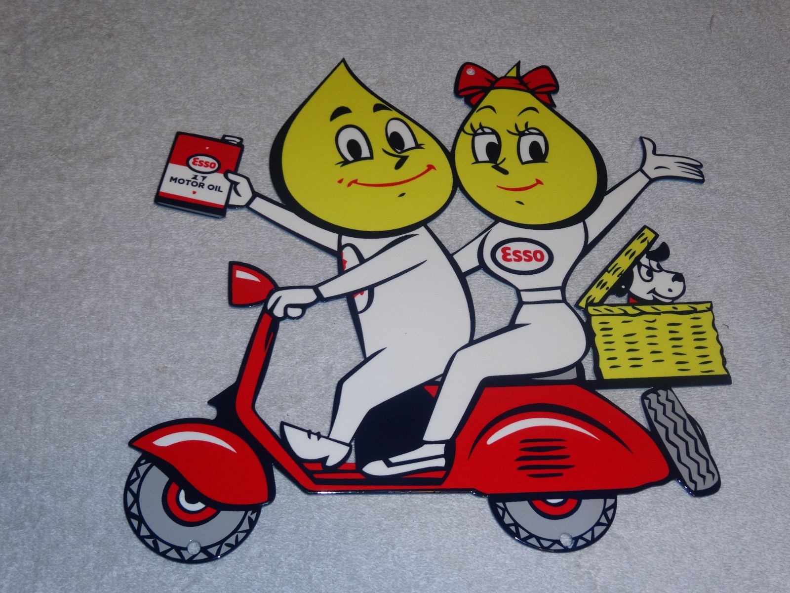 VINTAGE ESSO OIL DROP BOY & GIRL ON VESPA SCOOTER W/ DOG 12" METAL GASOLINE SIGN