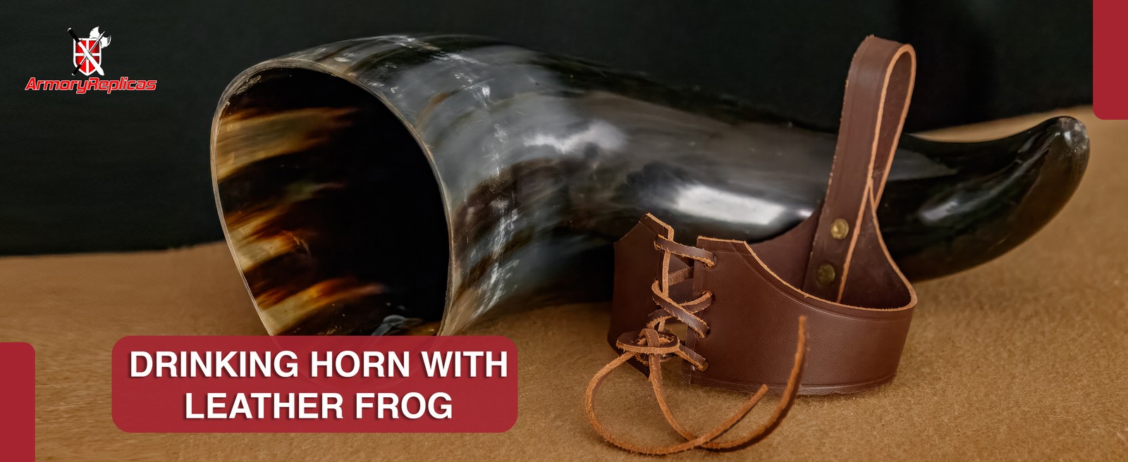 XL Viking Drinking Horn 23" w/ Brown Leather Belt Frog 1400ml Medieval Horn Cup