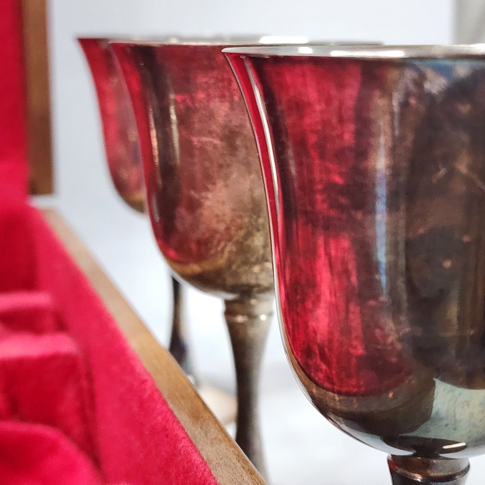 Set of 8 Vtg SALEM Portugal Silverplate water/wine Chalices/Goblets, 6.75" Case